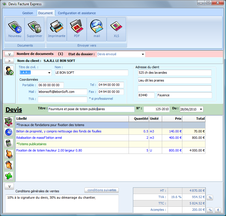 Interface principale du logiciel Devis Facture Express